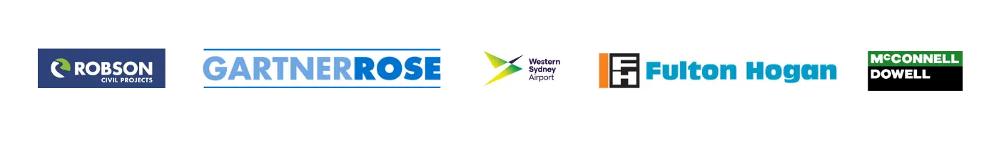 Client logos: Robson Civil Projects, Gartner Rose, Western Sydney Airport, Fulton Hogan, McConnell Dowell