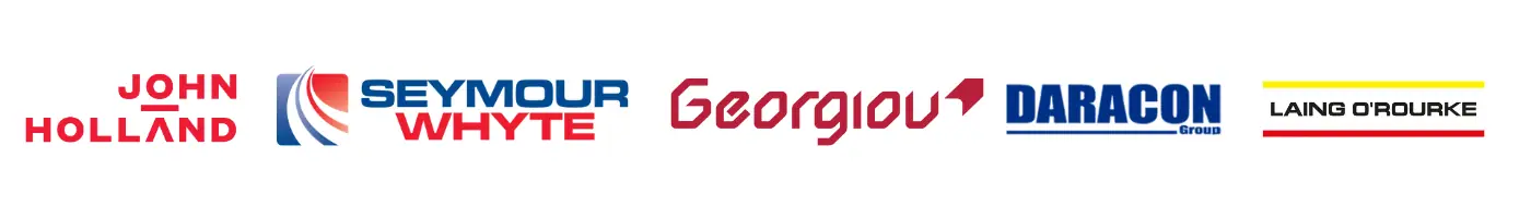 Client logos: John Holland, Seymour Whyte, Georgiou, Daracon Group, Laing O'Rourke