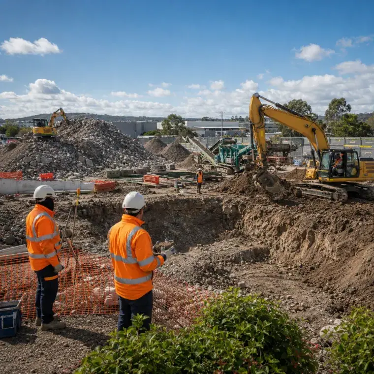 Two workers in hi-vis overlooking an excavation as an excavator works beside soil stockpiles
